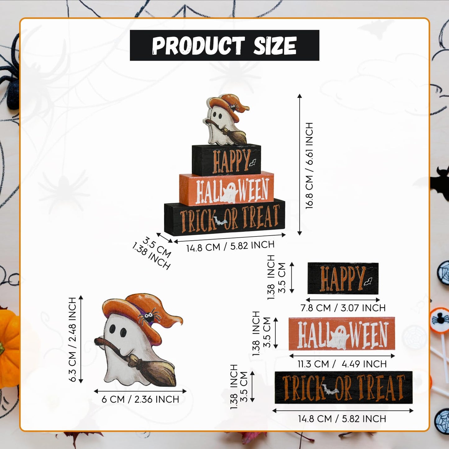 Smile 4 Pcs Wooden Blocks Signs, Happy Halloween Indoor Decorations, Trick or Treat Farm Decor Spooky Rustic for Home Table Shelf and Kitchen