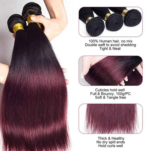 Habiliana Bundles Human Hair 16 18 20 Inch Straight Burgundy T1B/99J Human Hair Bundles 11A Unprocessed Brazilian Virgin Quick Weave Hair Extensions for Black Women