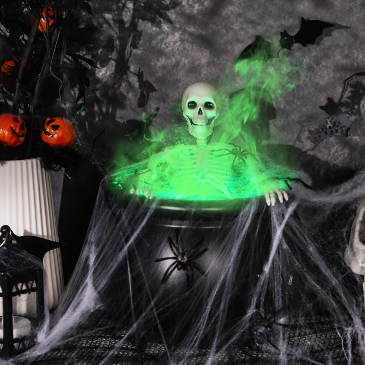 JOICEE Halloween Decorations Indoor, LED Mist Maker Halloween Witches Cauldron Black Plastic Cauldron with Skeleton for Halloween Decorations Home Room Mantel Table Decor