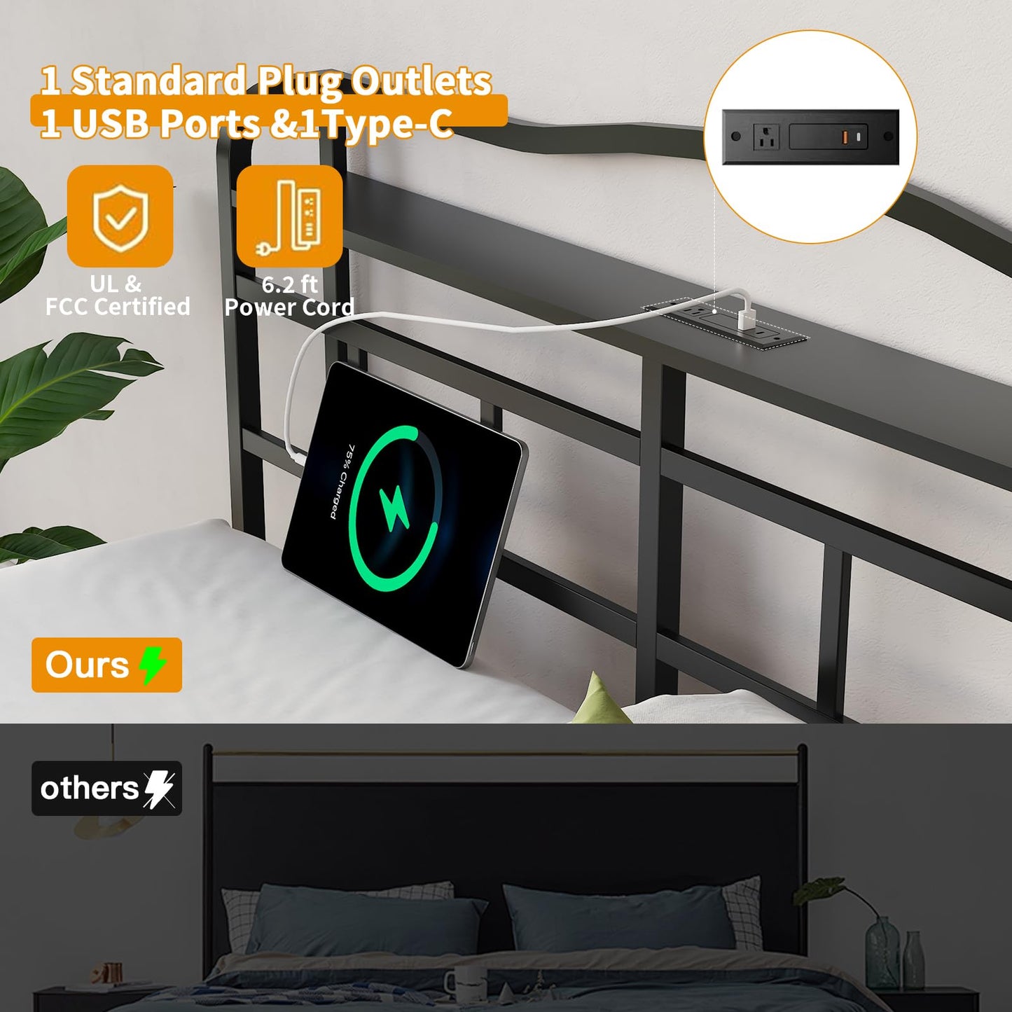 OSASET Queen Bed Frame - Queen Bed Frame with Headboard and USB & Type C Charging Station, Heavy Duty Metal Bed Frame No Box Spring Needed with Ample Storage Space - Easy Assembly and Noise Free