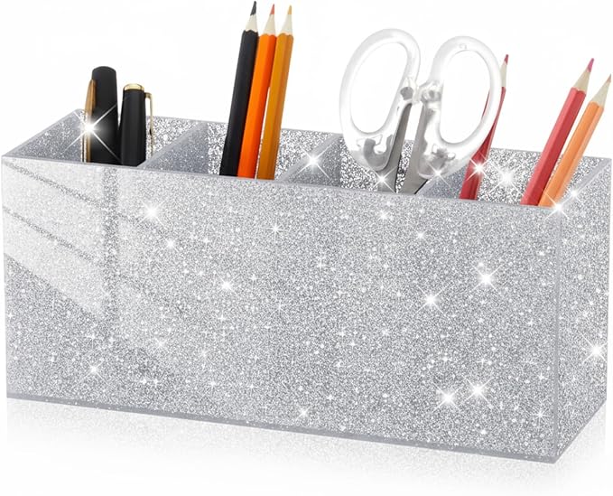 Jetec Acrylic Glitter Pen Holder 4 Compartments Bling Makeup Brush Stationery Organizer Pencil Holder for Desk Accessories...
