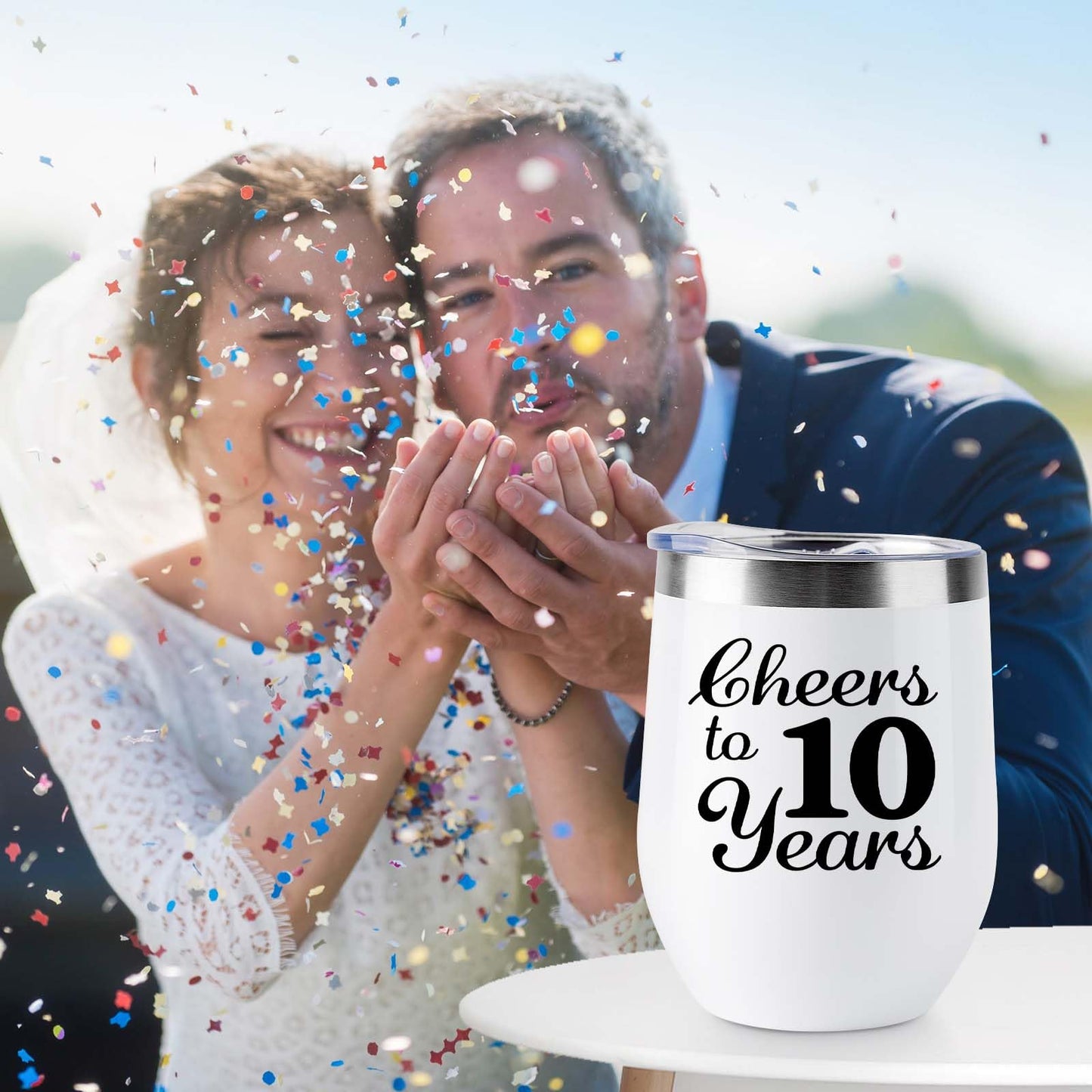 joytumbler 10th Anniversary Wedding Gifts for Couple Wife Husband Gifts for Tin Wedding Ten Years Anniversary Decorations 10 Years Marriage Gifts for Couple 2 Pack Wine Tumbler 12 OZ