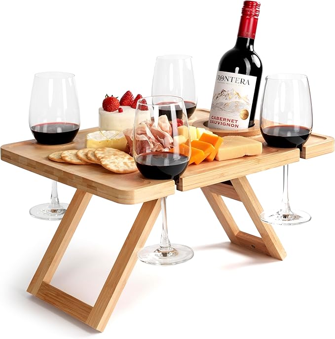 Outdoor Wine Picnic Table, Wooden Folding Picnic Table with Glass Holder, Bamboo Wine Glass Snack Tray for Indoor & Outdoo...