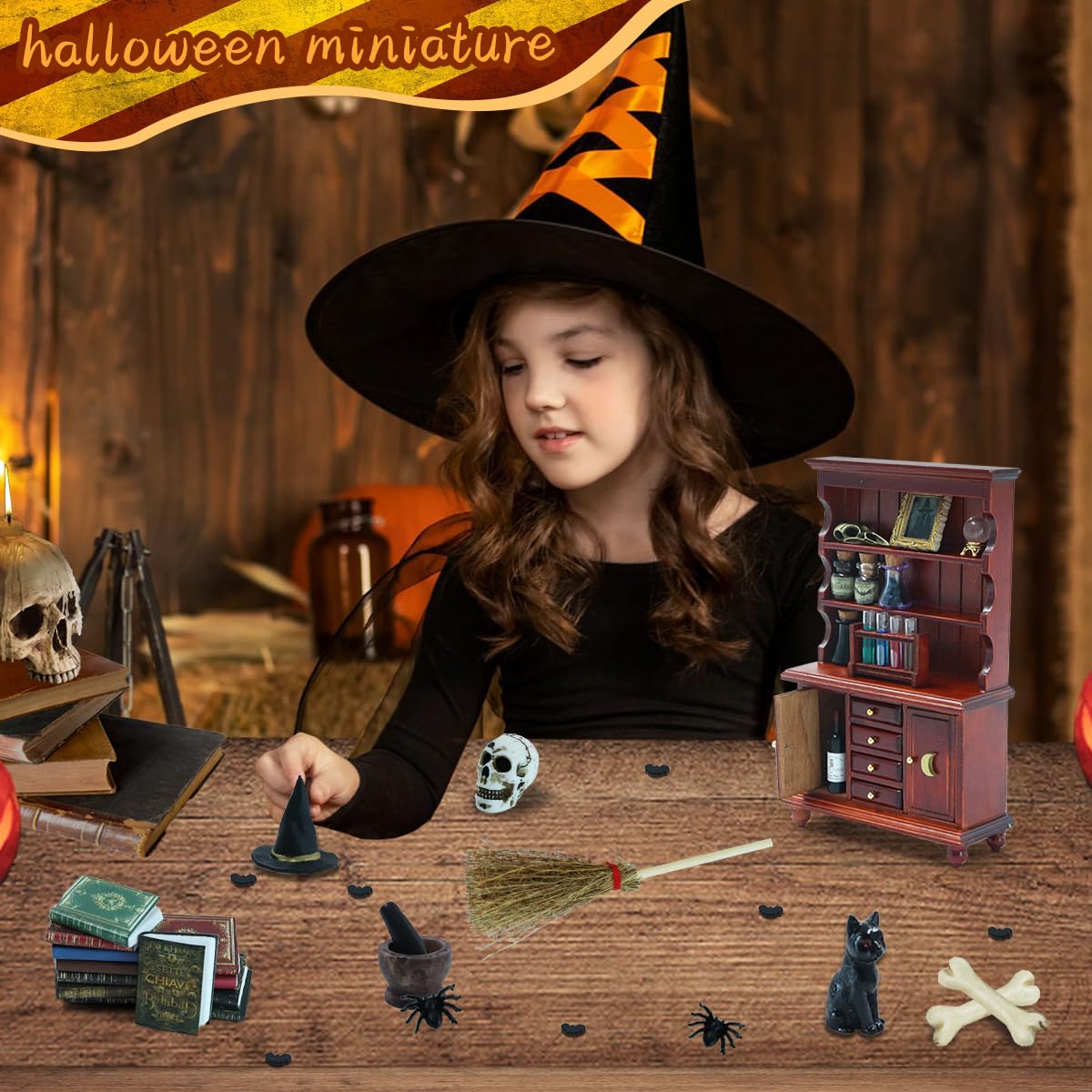 BEIREG Dollhouse Miniatures 1/12 Scale Accessories, Wooden Bookshelf Furniture Set - Magic Bottle&Potion, Witch Frame and Hat, Mini Bookcase, Haunted Dollhouse Halloween Decorations for Kids Gifts