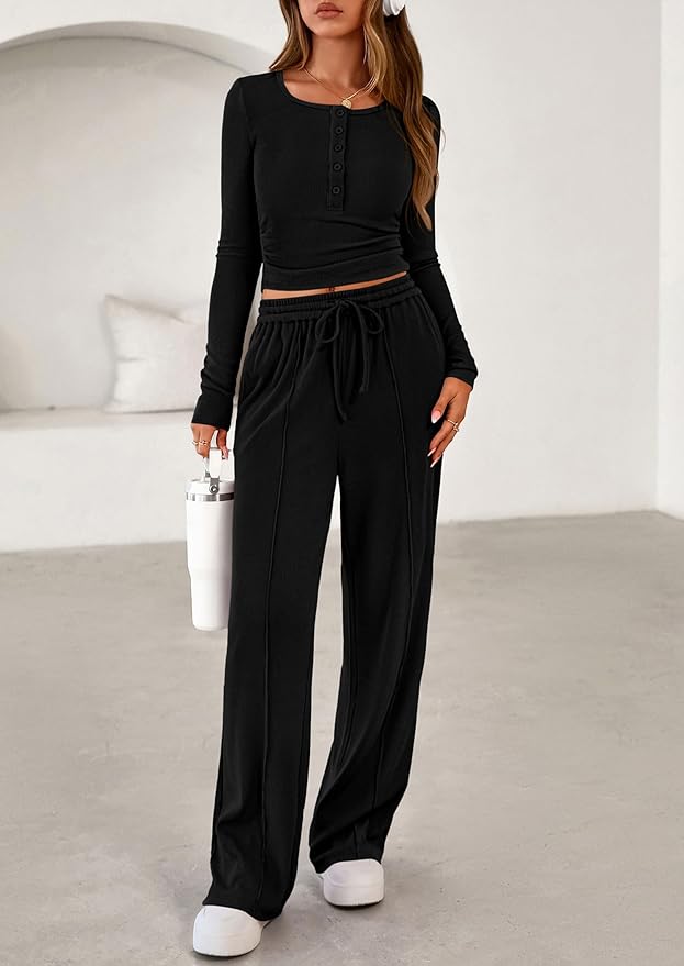 PRETTYGARDEN Women's 2026 Fall Trendy 2 Piece Outfits Lounge Sets Long Sleeve Top Henley Shirts Wide Leg Pants Travel Clothes