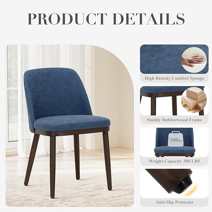 COLAMY Upholstered Dining Chairs Set of 2, Modern Kitchen Chairs with Back, Leather Side Dining Room Chairs with Wood Legs for Kitchen Dining Room Restaurant,Blue