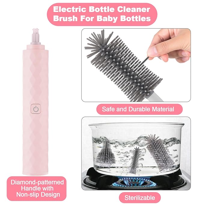 Electric Baby Bottle Cleaner Kit with Rechargeable Electric Bottle Brush Cleaner, 3 Piece Silicone Bottle Brush and Straw Brush, Multipurpose Automatic Bottle Cleaner, Pink