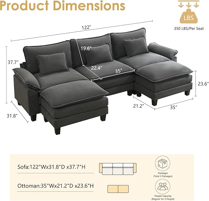 URRED Cloud Couch Modular Sectional Sofa, 122" Modern U Shaped Deep Seat Sofa with 2 Ottomans & Pillows, Ultra Comfy Velvet Couches for Living Room, Bedroom or Apartment, Dark Gray