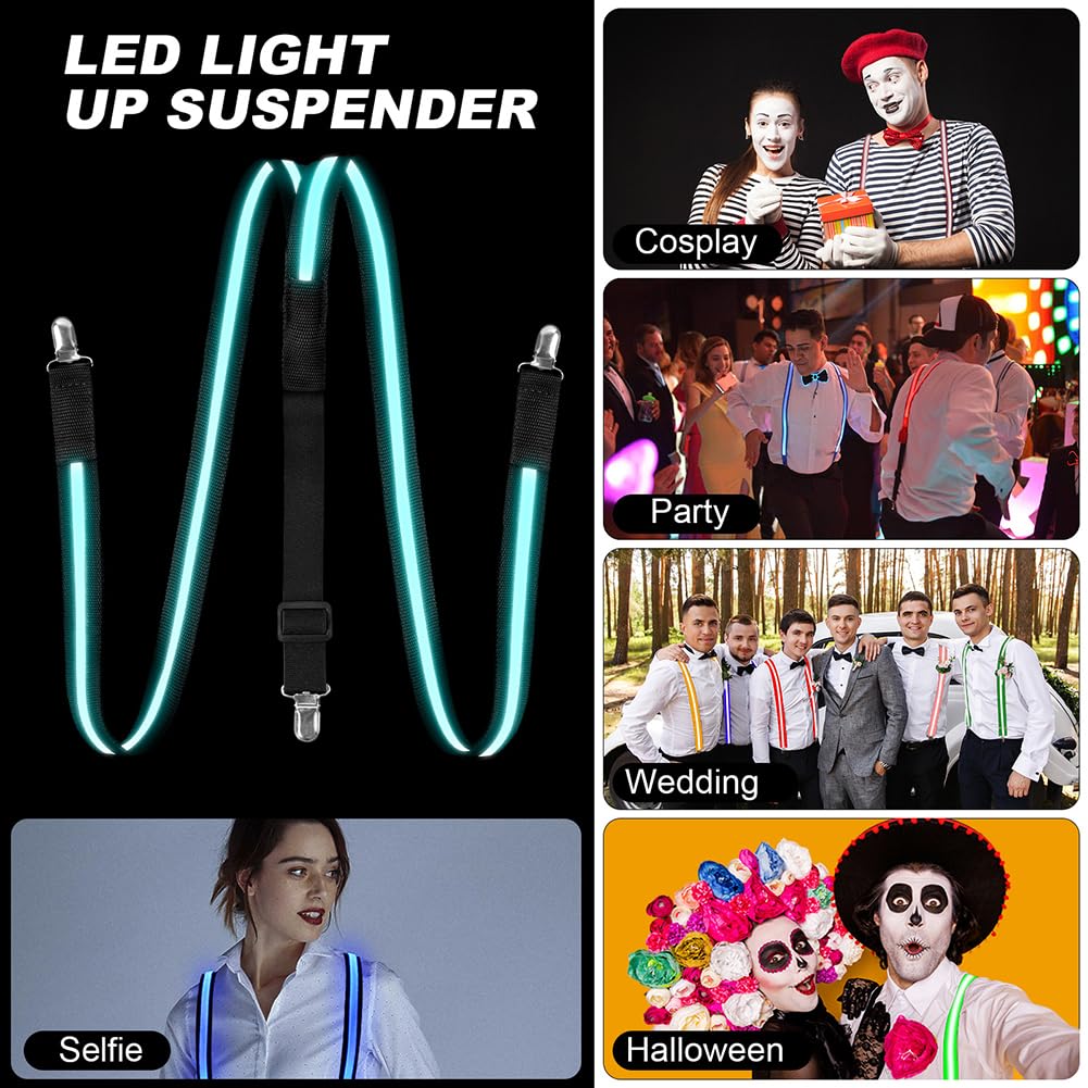Ainiv Light Up Suspenders, Man LED Luminous Suspenders, 3 Flash Modes LED Glow Suspenders, Adjustable Illuminated Bow Ties with Zipper, Costume Accessory for Parties, Bars, Halloween, School(7 colors)