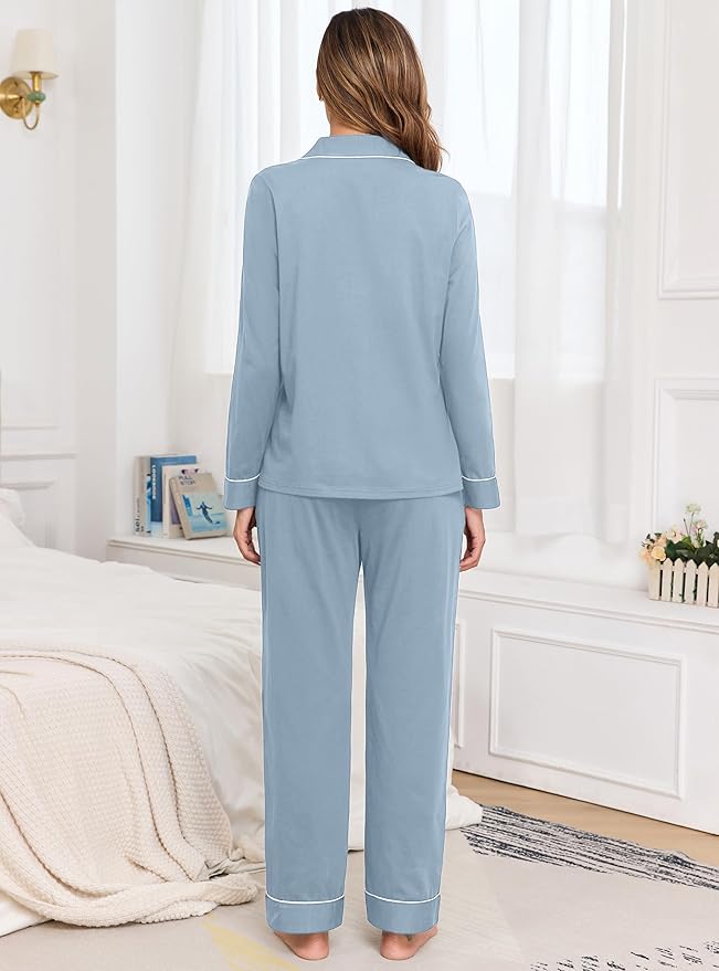 Veseacky 100% Cotton Pajamas for Women Set Long Sleeve Button Down Sleepwear Soft Pjs Lounge Sets with Pockets XS-XXL