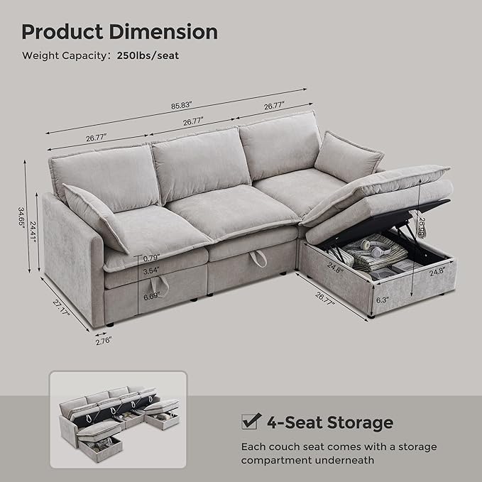 85.83" Sectional Couches for Living Room, Cloud Couch Sectional with Large Storage Ottoman, L-Shape Modular Sectional Sofa with 5 Seater Chenille Sofa and Pillow for Apartment, Bedroom, Light Gery