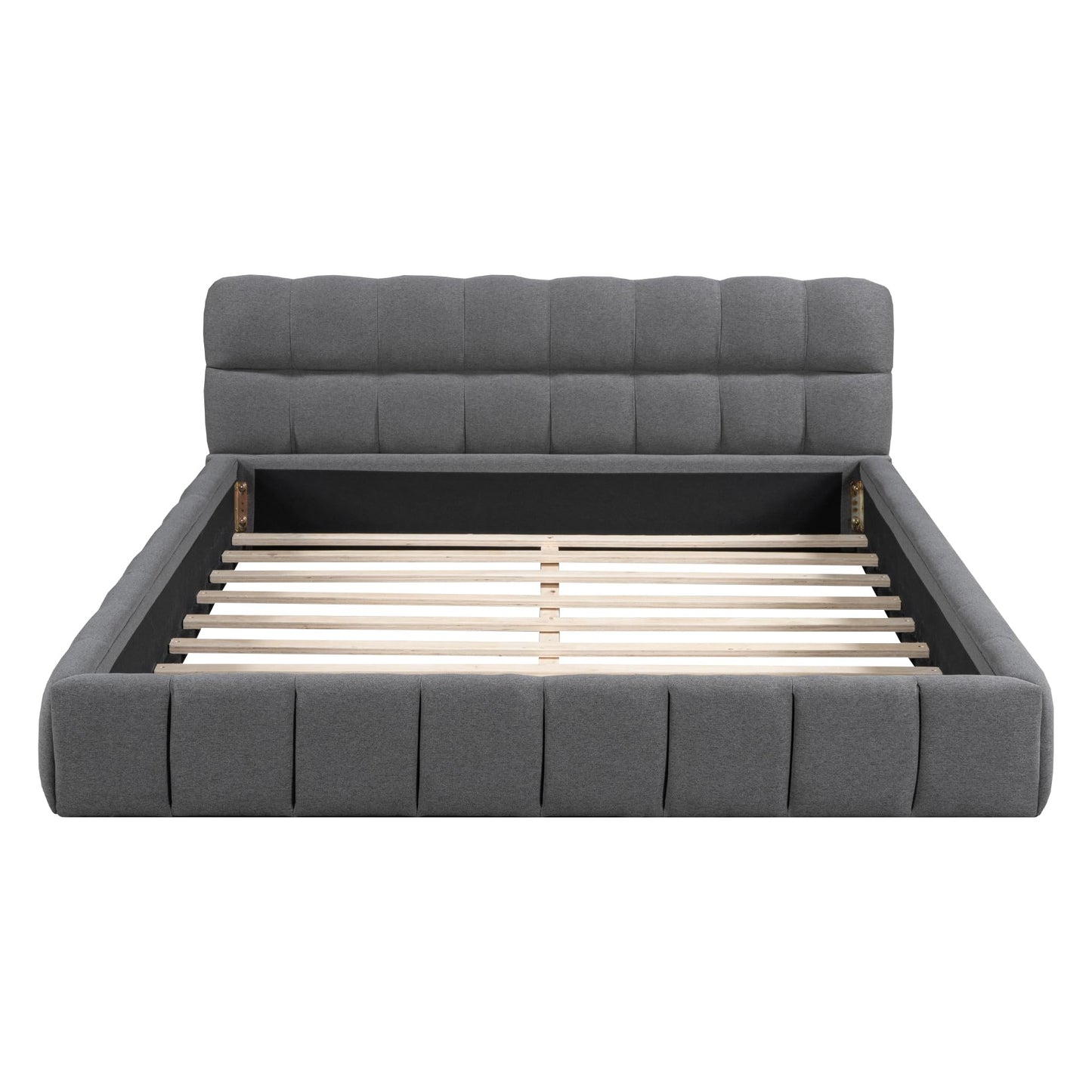 Merax Modern Tufted Platform Bed Queen Linen Floor Bed Frame with Headboard No Box Spring Needed Gray