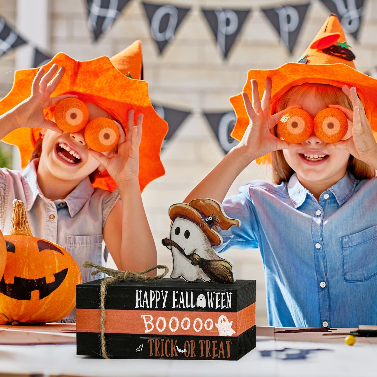 Smile Halloween Wooden Stack, Ghost Bat Mini Faux Books Bundle, Trick or Treat Tiered Tray Decorations, Indoor Decor for Kitchen Bathroom and Home Table Shelf
