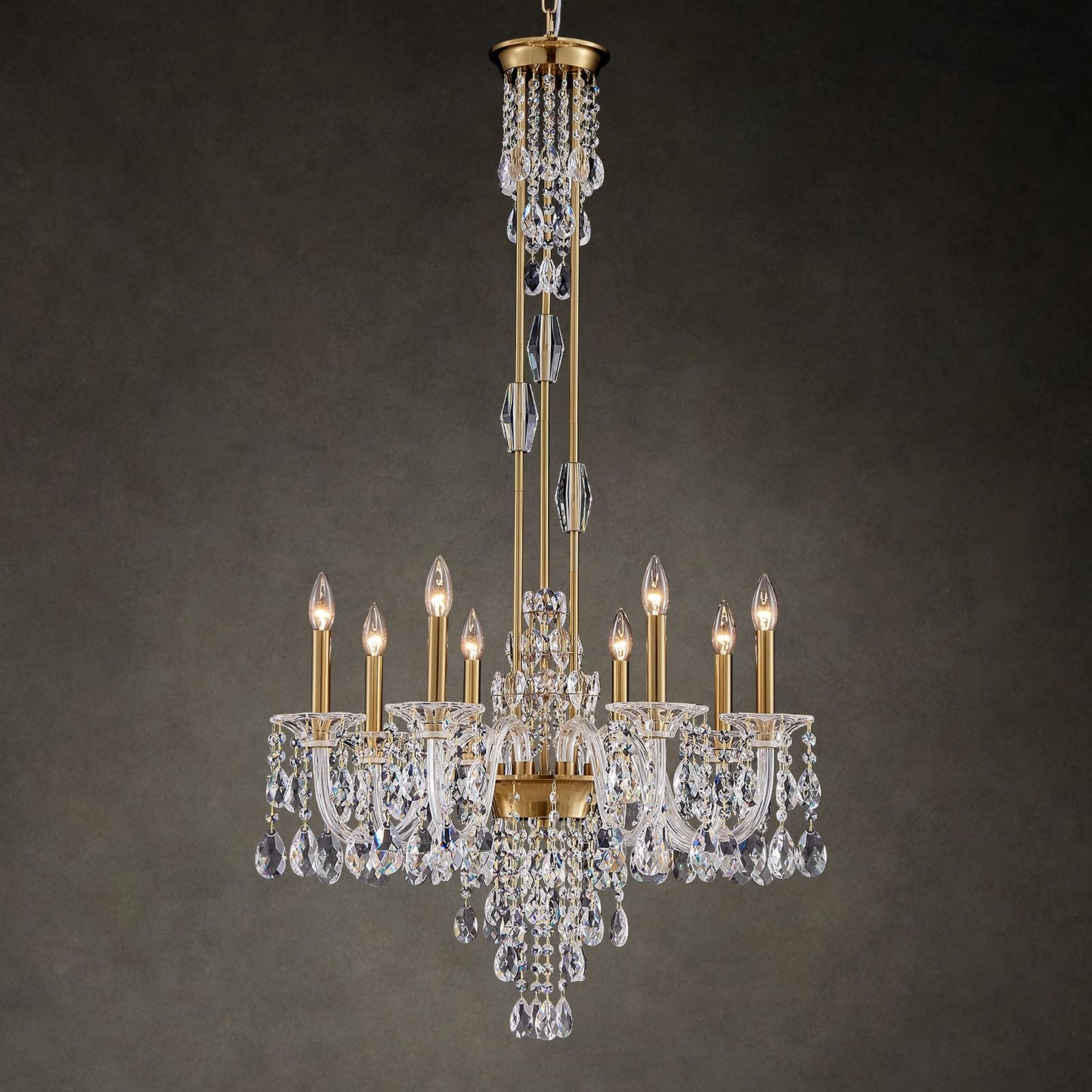 Duluyiee 8-Light Crystal Candle Chandelier, Brass Gold Chandelier for Dining Room, Entryway & Living Room, Adjustable Height, E12 Base