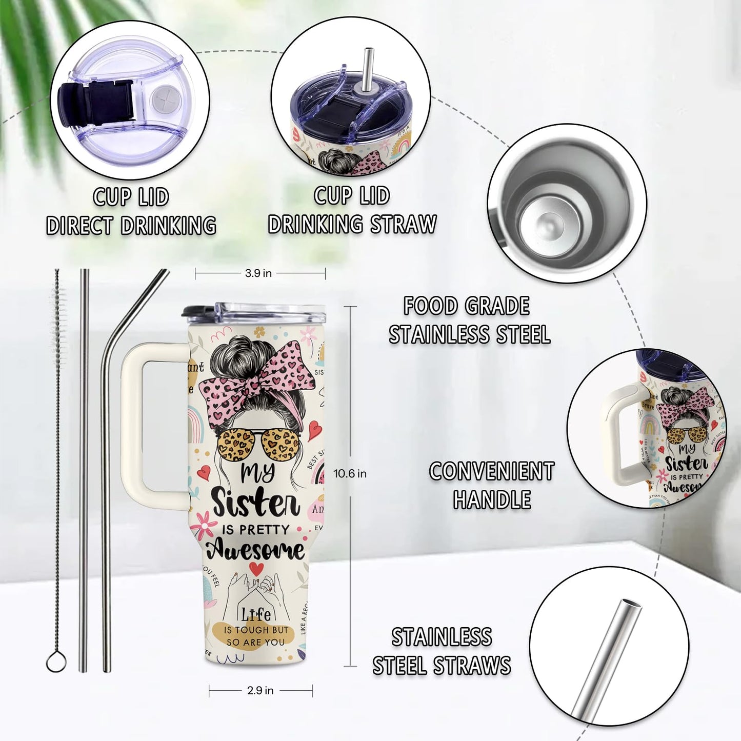 Uibunoo Sister Gifts for Women 40 Oz My Sister Is Pretty Awesome Tumbler with Handle & Straw, Gift from Brother, Stainless Steel Family Tumbler, Gifts for Mothers Day, 1 PCS