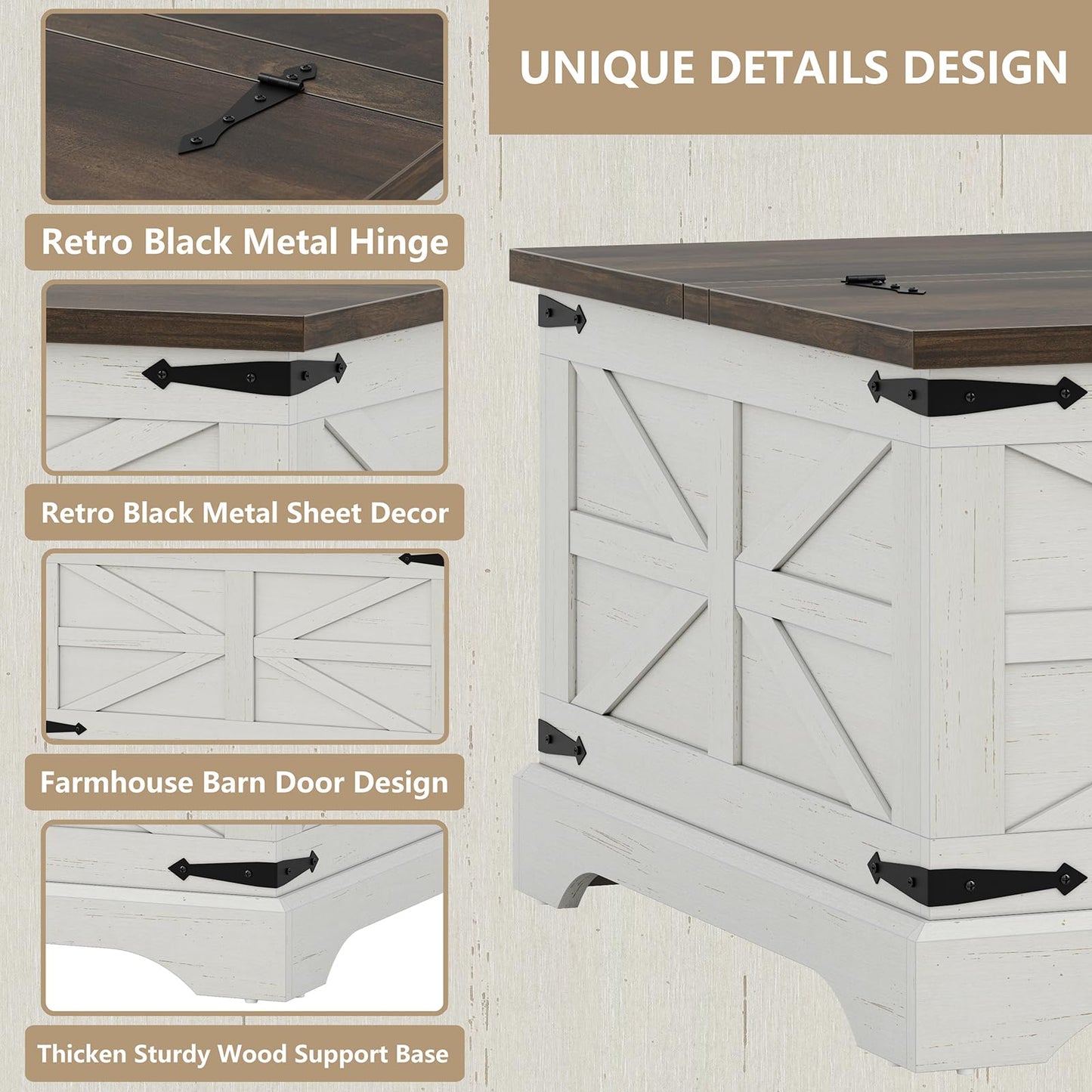 Furnideco Farmhouse Lift Top Coffee Table, Square Wood Center Table with Large Hidden Storage Compartment for Living Room, Rustic Cocktail White Modern Table with Hinged Lift Top, Brown Top