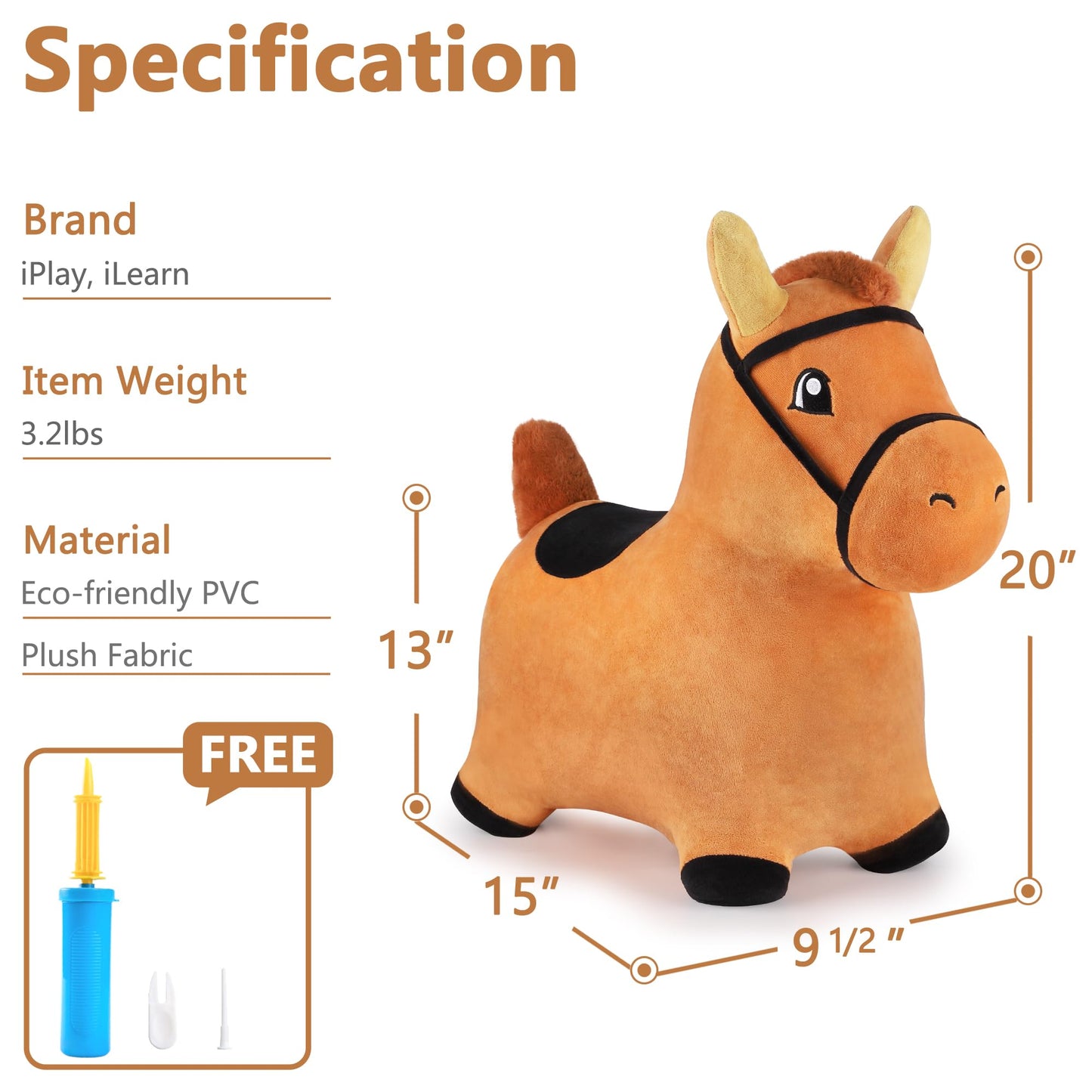 iPlay, iLearn Bouncy Pals Brown Hopping Horse, Toddler Plush Animal Hopper Toy, Kids Inflatable Ride on Bouncer W/Pump, Indoor Outdoor Jumper, Birthday Gifts for 18 24 Months 2 3 Year Old Boys Girls