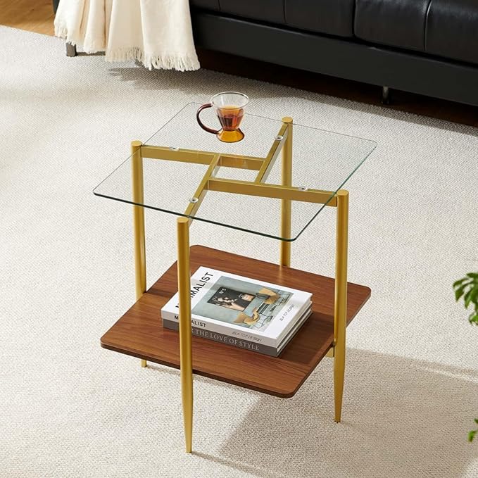 Pine Flicker Square Glass End Table, Mid-Century Modern Sofa Table, L20*W20*H23 inch for Living Room, 2-Tier Structure, Clear Glass Top and Walnut MDF Shelf, Sleek Conical Metal Legs with Gold Finish