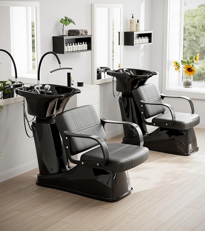 SyyBhb Shampoo Chair and Bowl Set of 2 for Salon, Head Spa Waterfall and Sprayer, Tilting ABS Bowl, Distance Adjustable Seat, Barbershop Spa Equipment
