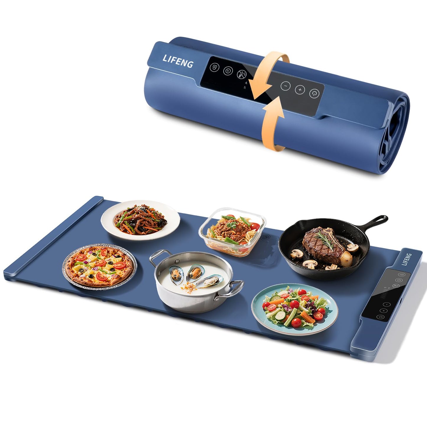 Warming Mat for Food, 35.43"x13.99" Extra Large, 7 Temperature Levels & Timer, Fast Full-Surface Heating, Rollable Waterproof Silicone Tray with Auto Shut-Off for Buffet, Party, Home, Travel(Blue)