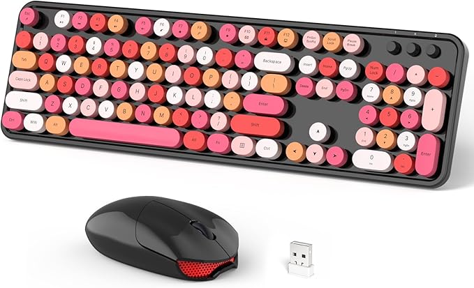 Wireless Keyboard and Mouse Combo, 104 Keys Full-Sized 2.4 GHz Round Keycap Typewriter Keyboards, USB Receiver Plug and Play, for Windows, Computer, PC, Laptop, Desktop (Black Colorful)