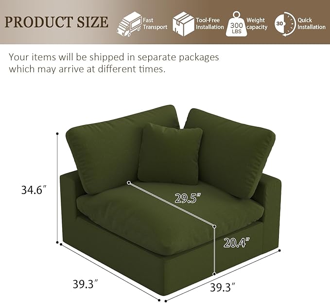 Forest aesthetics Cloud Sectional Corner Sofa,Left/Right Modular Sofa,Down Filled Convertible Couch,Covers Washable & Replaceable,Green