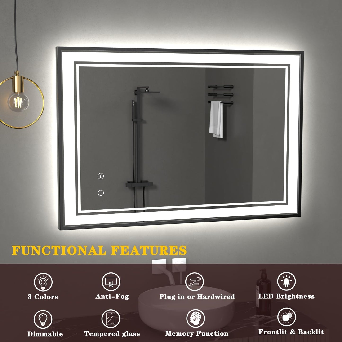 osemy 28" x 36" LED Bathroom Mirror with Lights Black Framed LED Mirror for Bathroom Lighted Bathroom Mirror Backlit and Front Black Aluminum Frame Anti-Fog Dimmable Vanity Smart Memory
