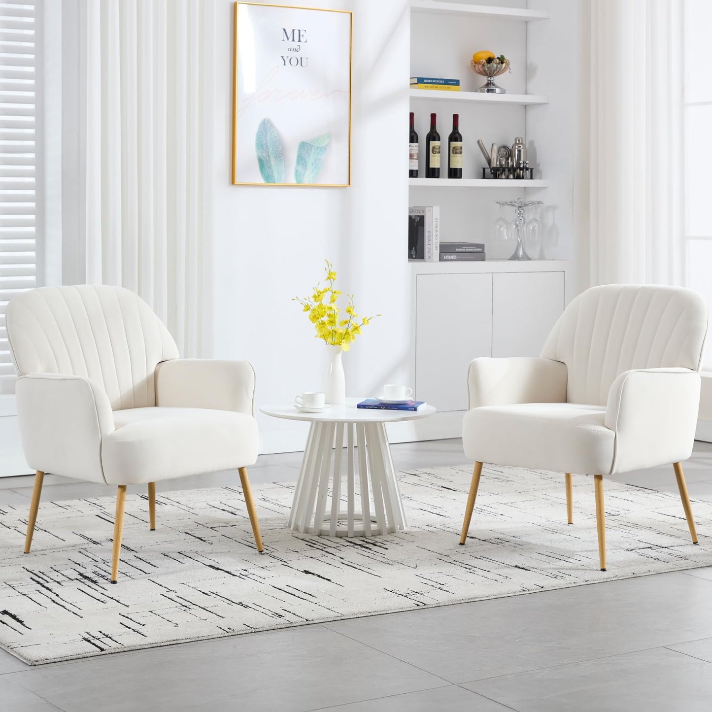 E-Motie Velvet Accent Chair, Modern Upholstered Living Room Chairs, Luxury Single Sofa Armchair with Metal Legs, Comfy Barrel Chairs for Living Room, Bedroom, Waiting Room, Office and Cafe, Beige