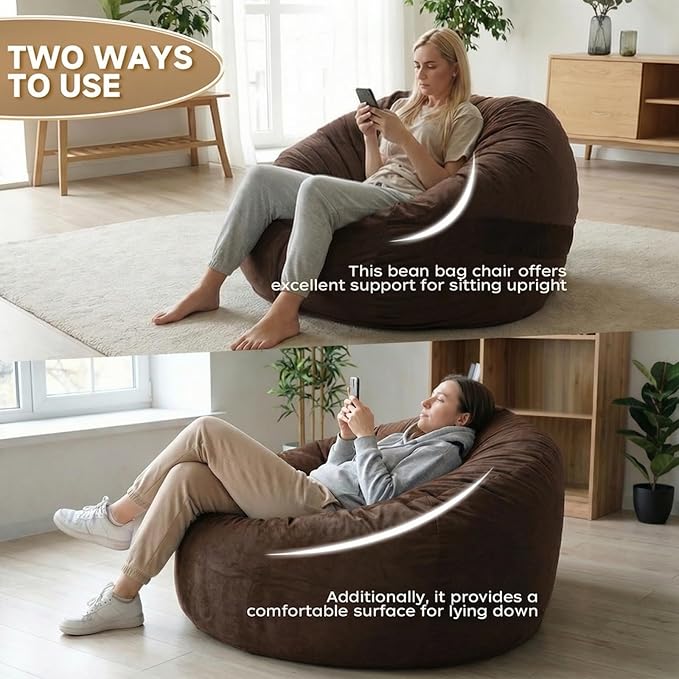 YuppieLife Large Foam Filled Bean Bag Chairs for Kids Teenagers Adults Living Room Gaming Relaxing 4F Machine Washable Lazy Sofa（Chocolate