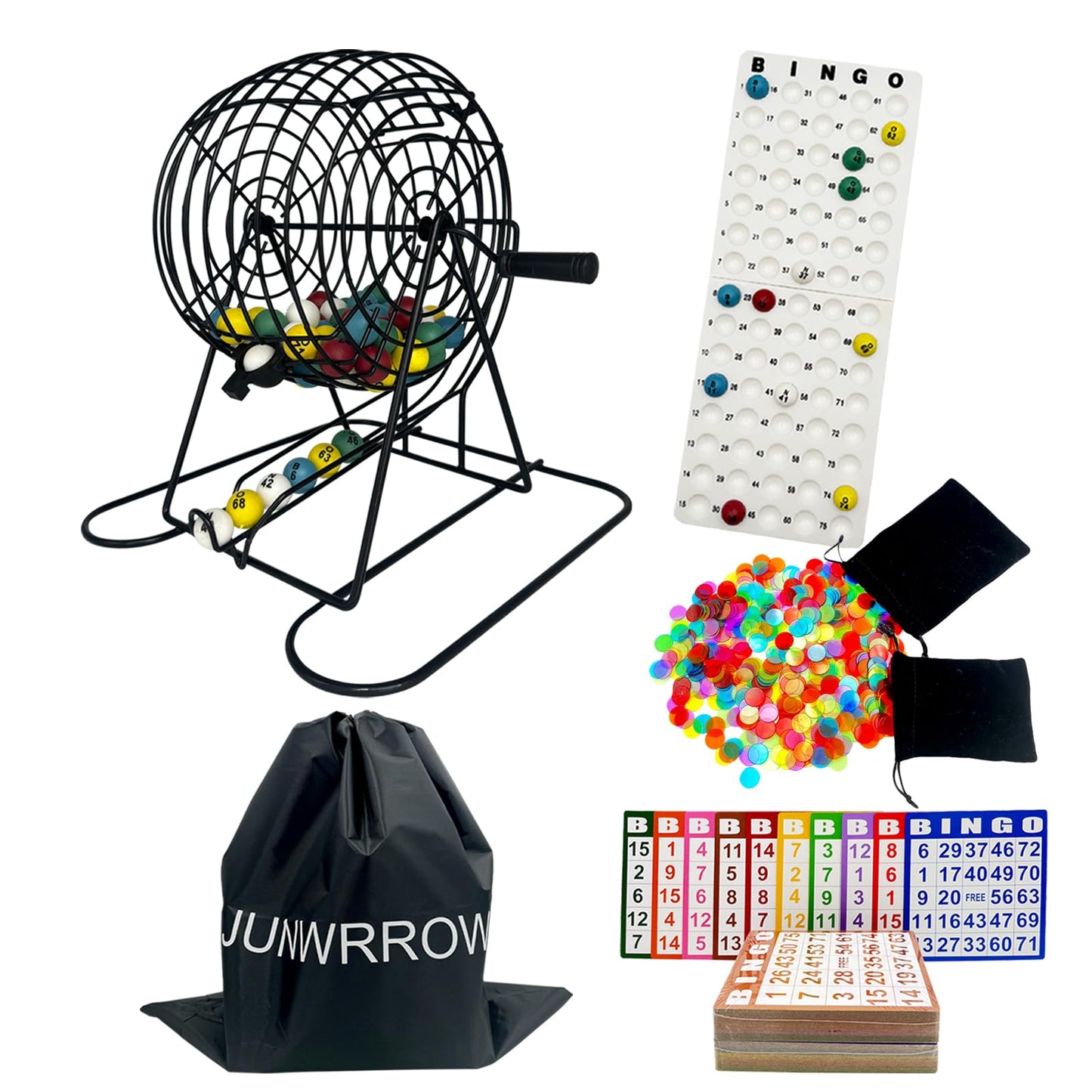 JUNWRROW Jumbo Bingo Game Set with 11" Wheel Cage,1000 Colorful Chips with a Bag,100 Mixed Cards,75 Calling Balls & Plactic Master Board,Bingo Storage Bag -Ideal for Large Group