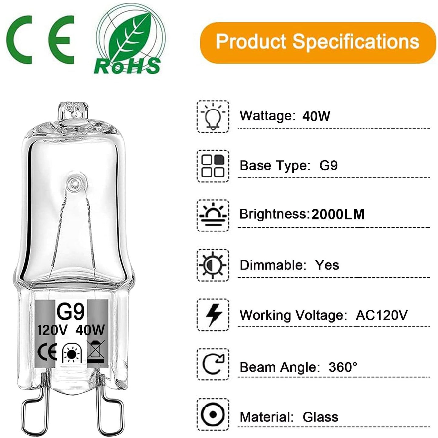 Lacnooe G9 Halogen Bulb 40 Watt 120 Volt Dimmable T4 JCD Type Bi-Pin Base for Chandeliers, Pendants, Cabinet Lights, Landscape Lights Replacement, Warm White (10 Pack)