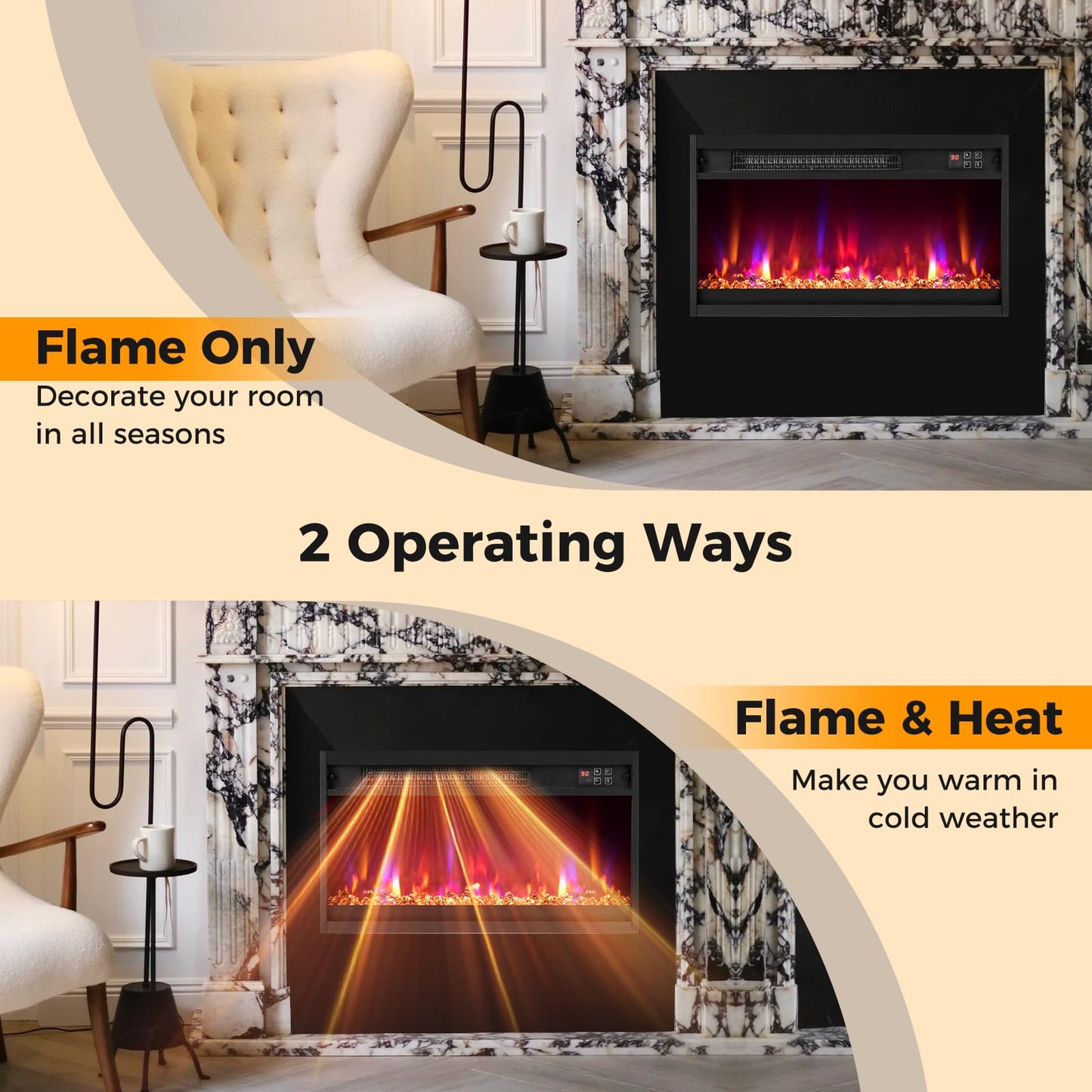 COSTWAY 23 Inch Recessed Fireplace Heater, Electric Fireplace Insert w/Multi-Color Flame & Crystal Ember Bed, Remote Control, 9H Timer, Built-in Thermostat & Overheat Protection, 1500W