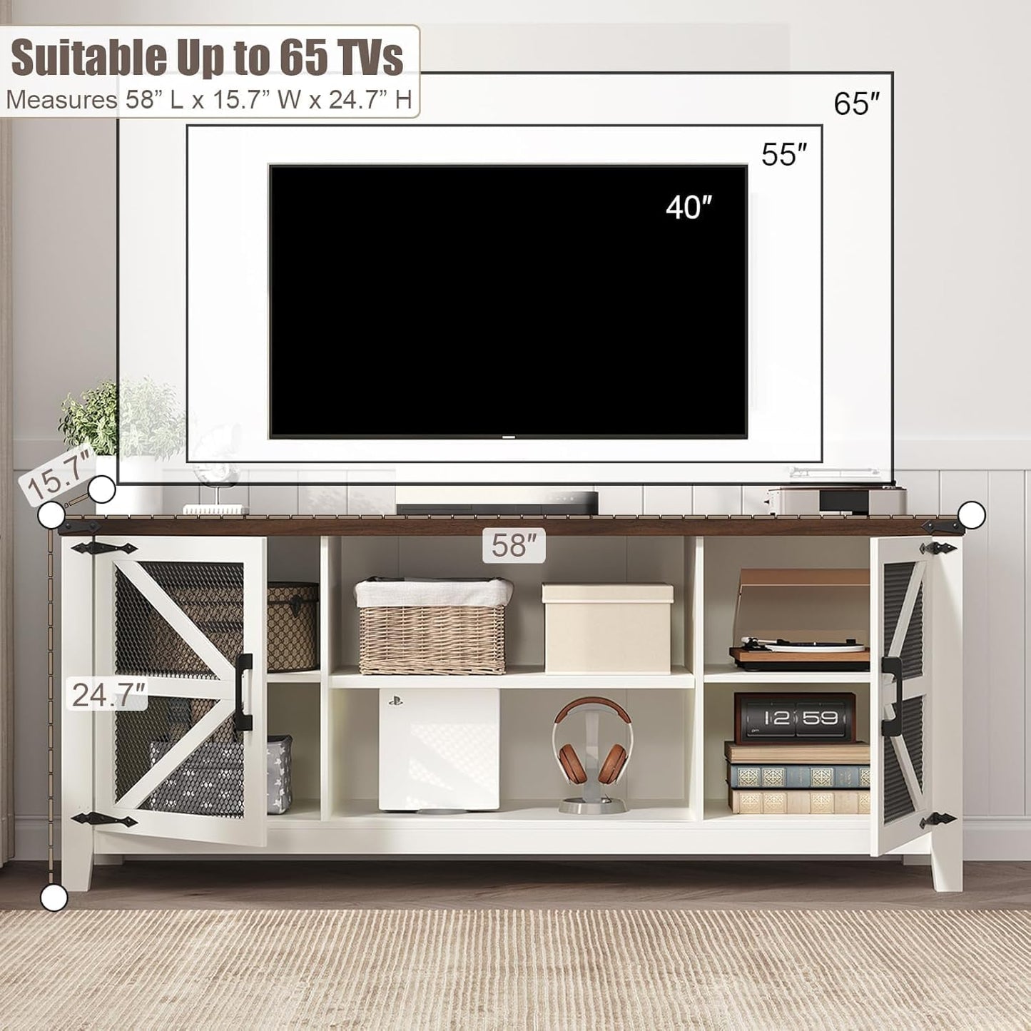 Jocoevol Tv Stand for 55 65 Inch Tv, Farmhouse Entertainment Center Tv Console with Storage & Adjustable Shelves & Mesh Door for Living Room, Bedroom, White