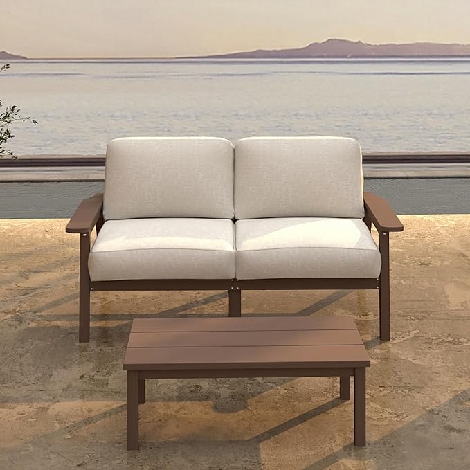 Patio Kingdom Patio Furniture Set 2 Seats, HDPE Outdoor Sectional with Beige Washable Thick Cushions, Coffee Table, Patio Conversation Sets for Lawn, Garden, Porch, Balcony, Deck (Brown Frame)