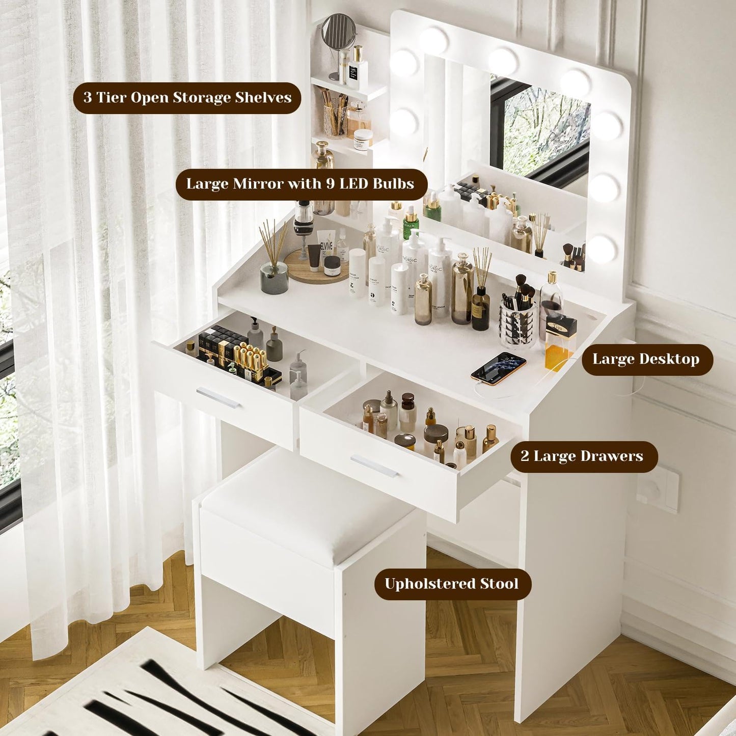 PeacefulHues Modern Vanity Desk with Lighted Mirror & Upholstered Stool, Makeup Table with 2 Spacious Drawers and 3-Color Dimmable LED Lights, Elegant Bedroom Vanity Set for Women and Girls