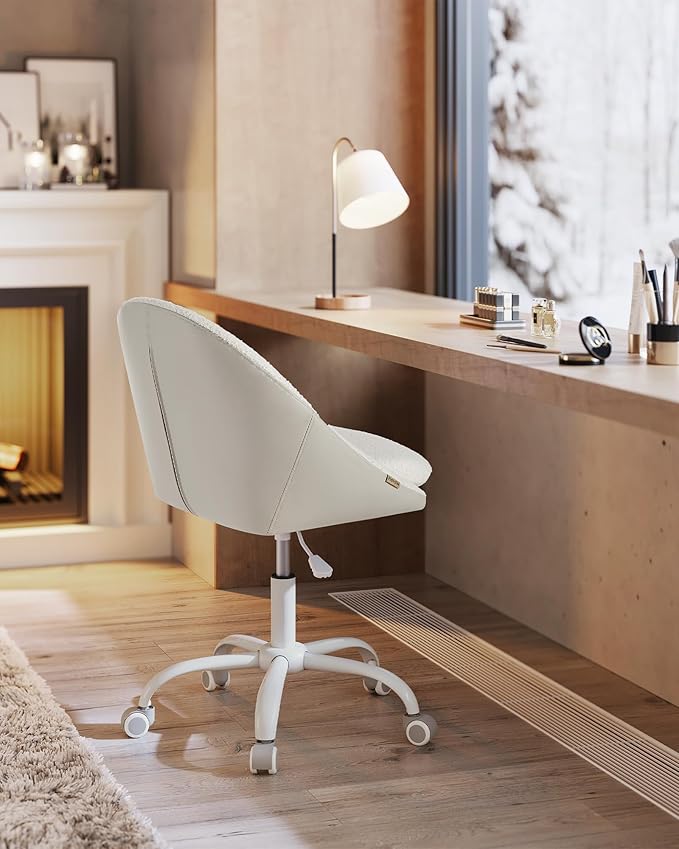 VASAGLE Vanity Chair with Back, Adjustable Swivel Cute Desk Chair with Wheels, Sherpa and PU Leather for Lumbar Support, Compact for Small Spaces, Bedroom, Cappuccino Beige and Cloud White UOBG020W91