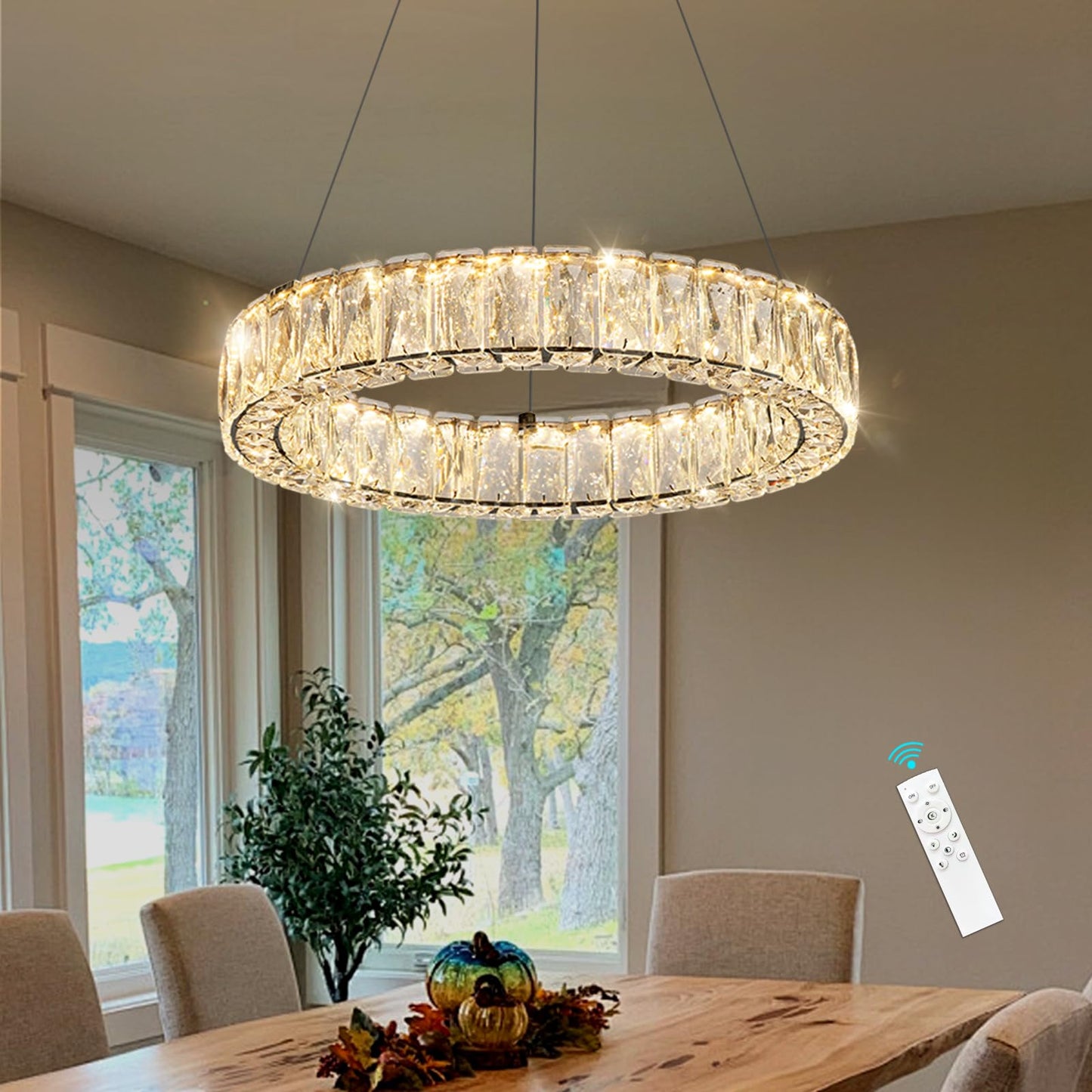 HAIXIANG Modern Crystal Chandelier Dimmable LED 16 Inch Ring Pendant Lights Adjustable Glam Chandeliers Lighting Fixtures for Dining Room Living Room Bedroom Black Light