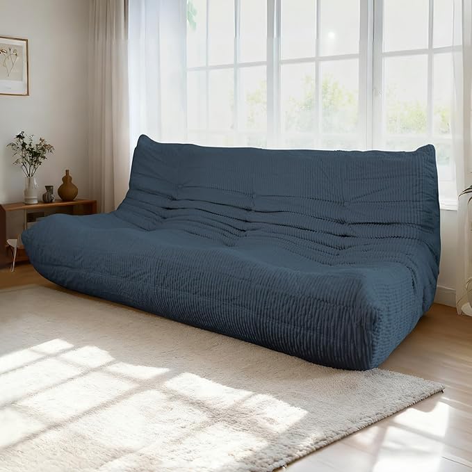 MORITON Fireside Loveseat Mid-Century Armless Sofa — Twin-Size Floor Lounger in Soft Premium Corduroy, Foam-Filled Accent Chair for Living Room or Bedroom (Prussia Blue, Three Seater)
