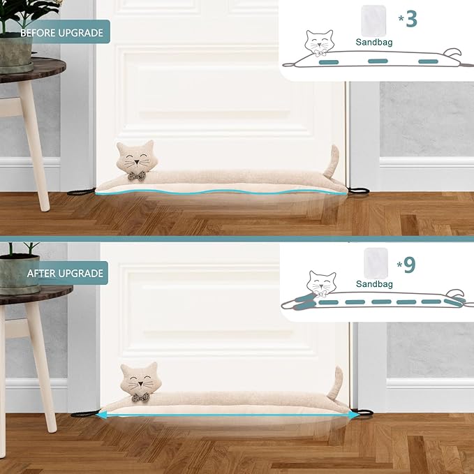 Marwood Under Door Draft Stopper Decorative Wind Stopper 48 inch for Door & Window, Weighted Animal Air Draft Stopper Snake Noise Blocker for Bottom of Door with Hanging Loops - Khaki Cat