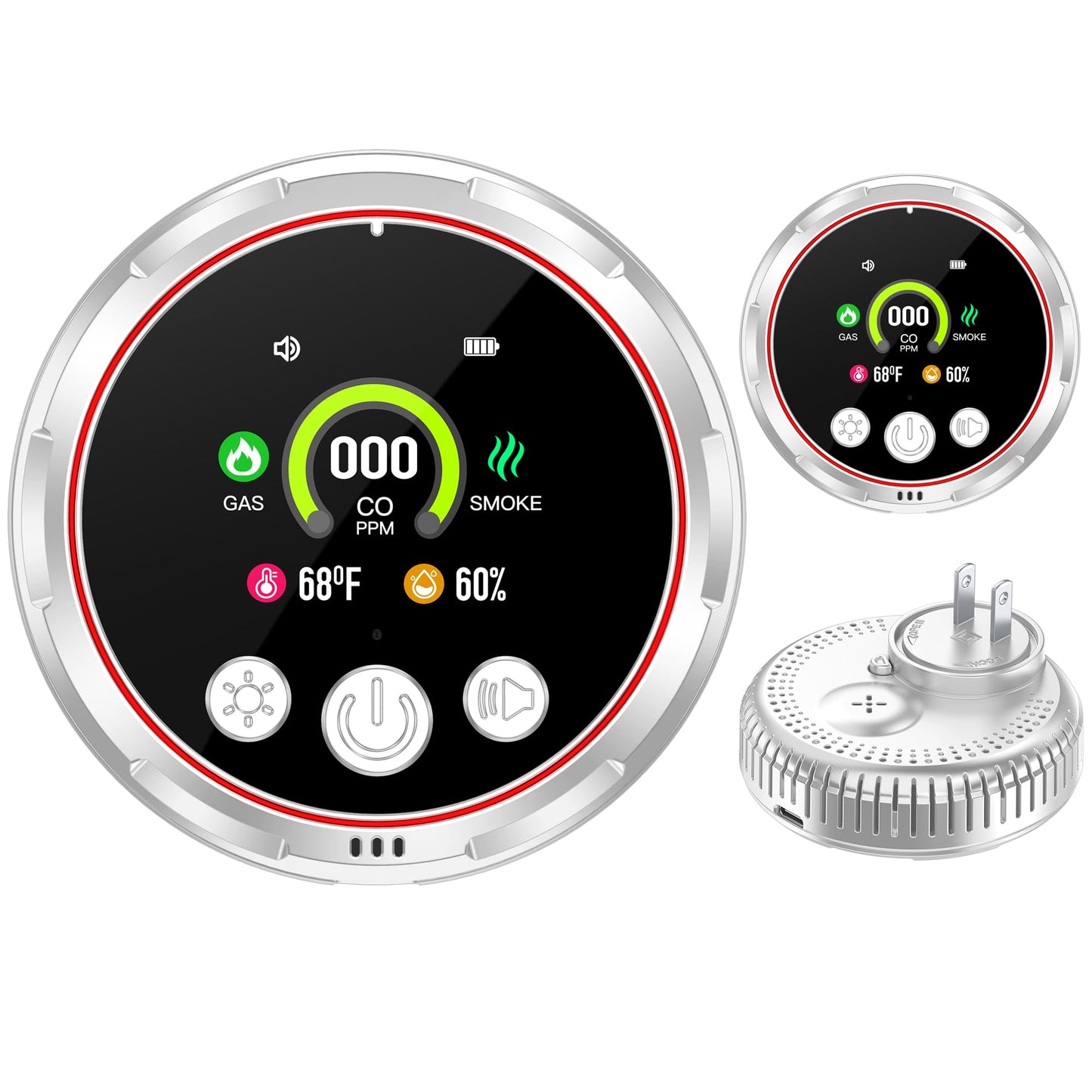 HAKINAKU 5-in-1 Ring Plug in Natural Gas & Smoke & Carbon Monoxide Detectors Combination Built-in 1000mAh Backup Battery 85dB Smoke CO Temp Humidity Senor for Home Hotel Travel (White, 2 Pack)