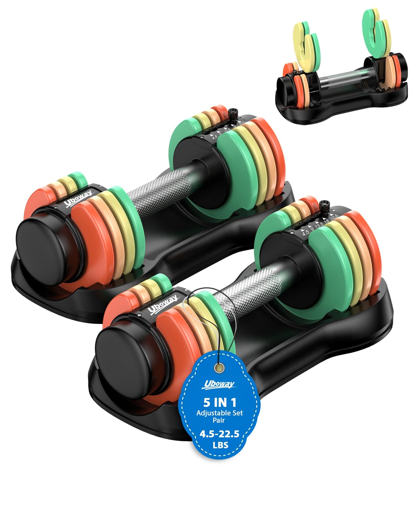 Uboway Adjustable Dumbbell Set 22.5lbs Pair, Dumbbells 4.5/9/13.5/18/22.5 lbs with Fast Adjust Weights Plates Storage Tray, Non-Slip Metal Grip for Home Gym Strength Training, 5-IN-1 Free Weight Set for Men Women