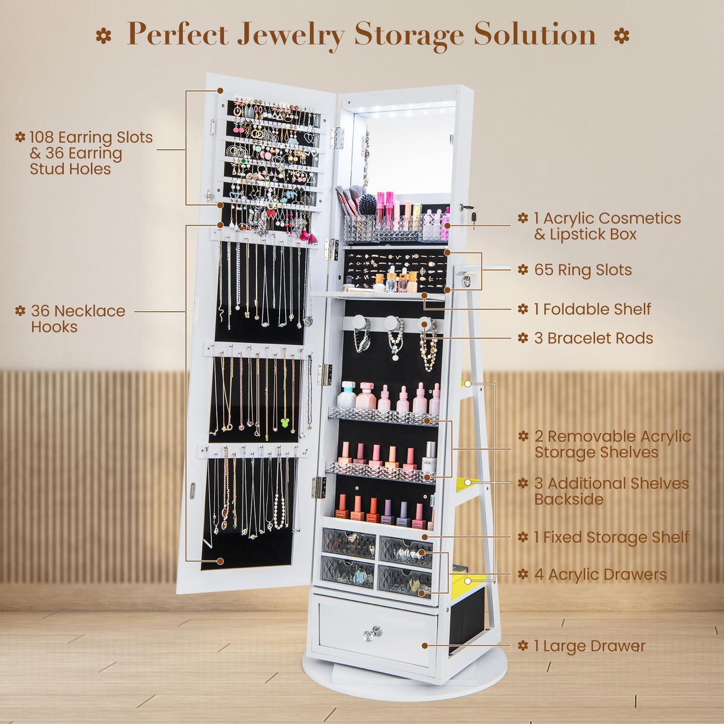 Byroce 360° Rotating Jewelry Armoire with Full Length Mirror, Lockable Jewelry Cabinet w/6 LED Lights, Hairdryer Rack, Rear Storage Shelves & Bottom Drawer, Standing Jewelry Organizer (White)