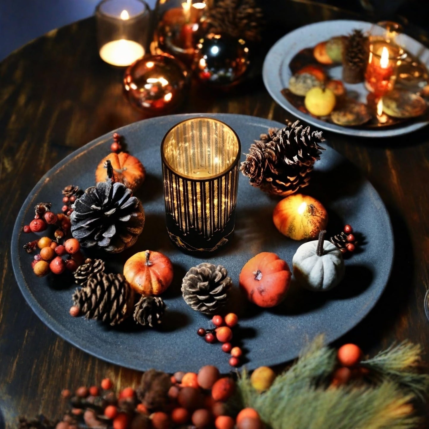 Ashroder Set of 3 Illuminated Starry Night Hurricanes with Remote Timer, Glass Votive Pillar Candle Holders, Removable LED String Lights Candles for Centerpiece Table Halloween Christmas Decor(Black)