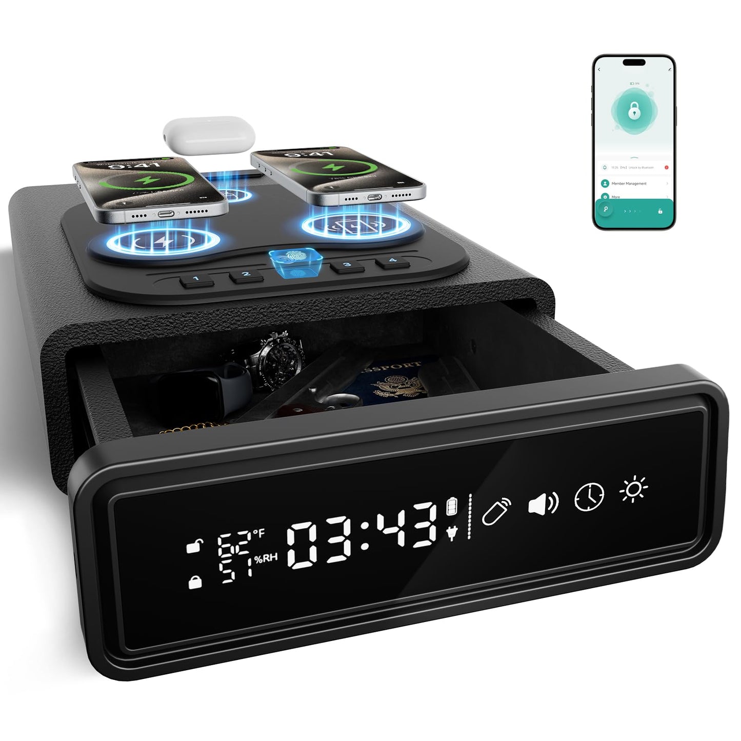 Saforo Biometric Smart Gun Safe with 3-in-1 Wireless Charging,4 Quick Access with Bedside Pistol Safe for Handgun,Bluetooth App Control,Nightstand Gun Safe with Alarm Clock,LED Light 1pcs