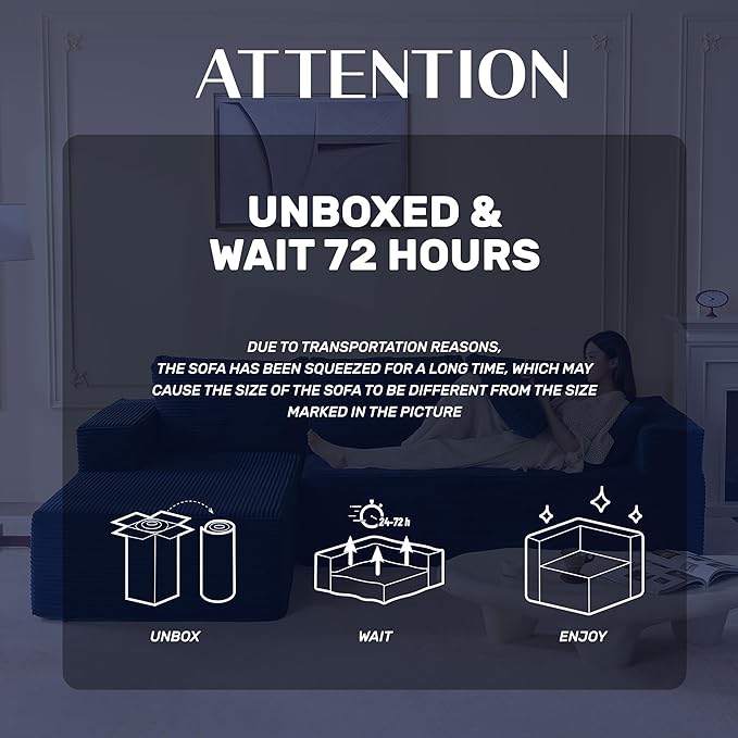 Afuson 107" Boneless Couch with Deep Seat, Modular Sectional Sofa, Cloud Sectional Couch for Living Room, No Assembly Required, Corduroy, L-Shape Left, Blue