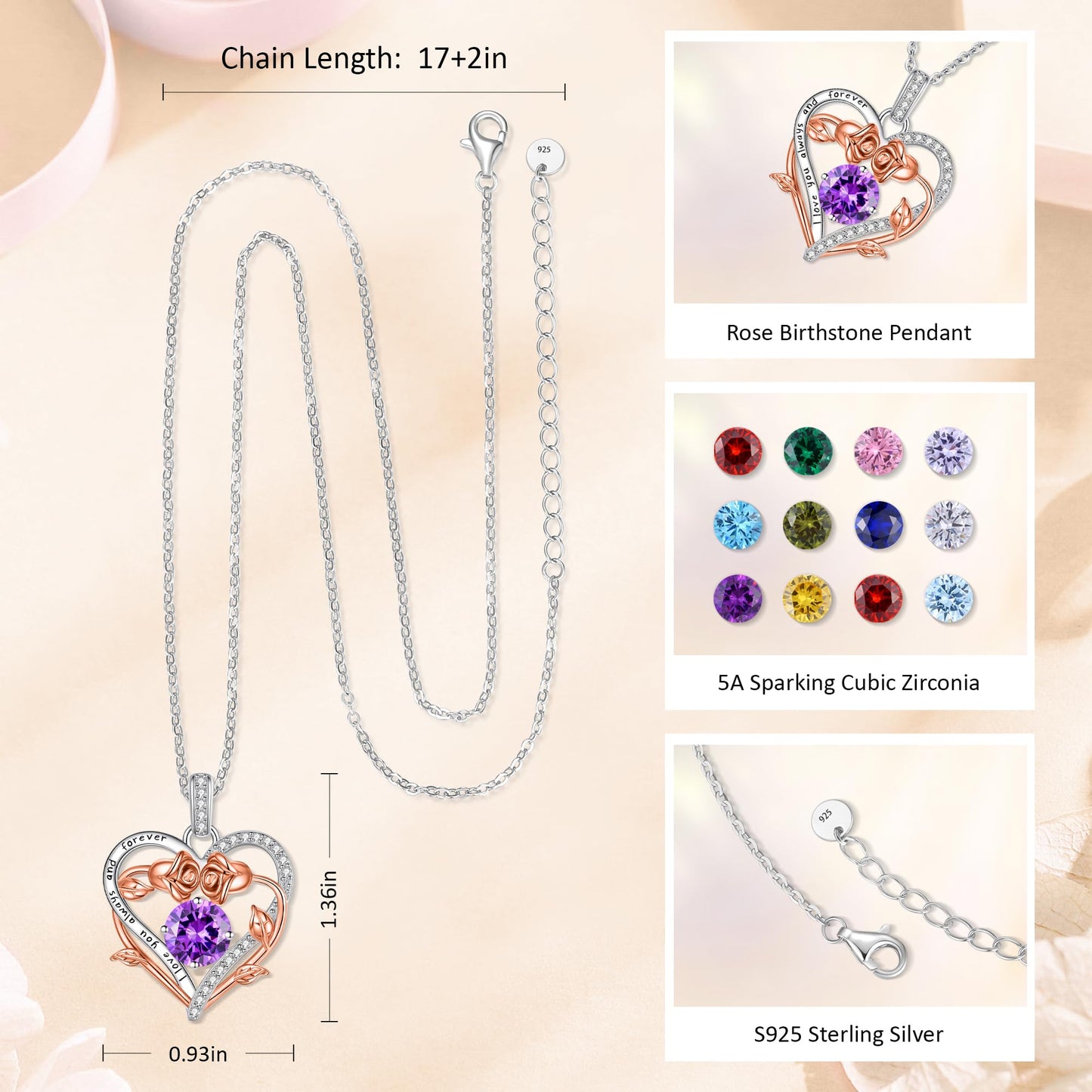 Lomantise Heart Necklaces for Women, 925 Sterling Silver Rose Heart Birthstone Necklace Christmas Anniversary Birthday Jewelry Gifts for Women Wife Mom Girlfriend Her