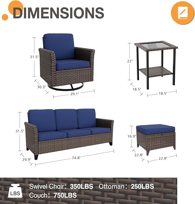 COOS BAY Harbor Retreat 6 Piece Outdoor Furniture Set, Patio Conversation Set with Swivel Rocking Chairs, 3 Seat Couch, Side Table and Ottomans, Wicker Furniture, Brown/Blue