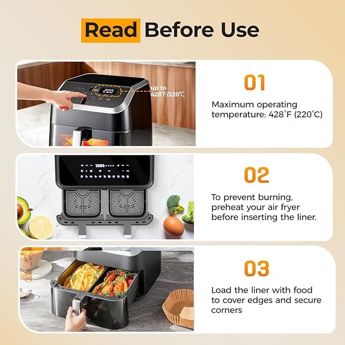 Vailnd Air Fryer Liners Disposable for Dual Basket, 100Pcs 8x5.5 Inch Rectangle Air Fryer Paper Liner for Ninja DZ201 DZ401, Chefman/COSORI 2-Basket, Oil Proof Parchment Paper
