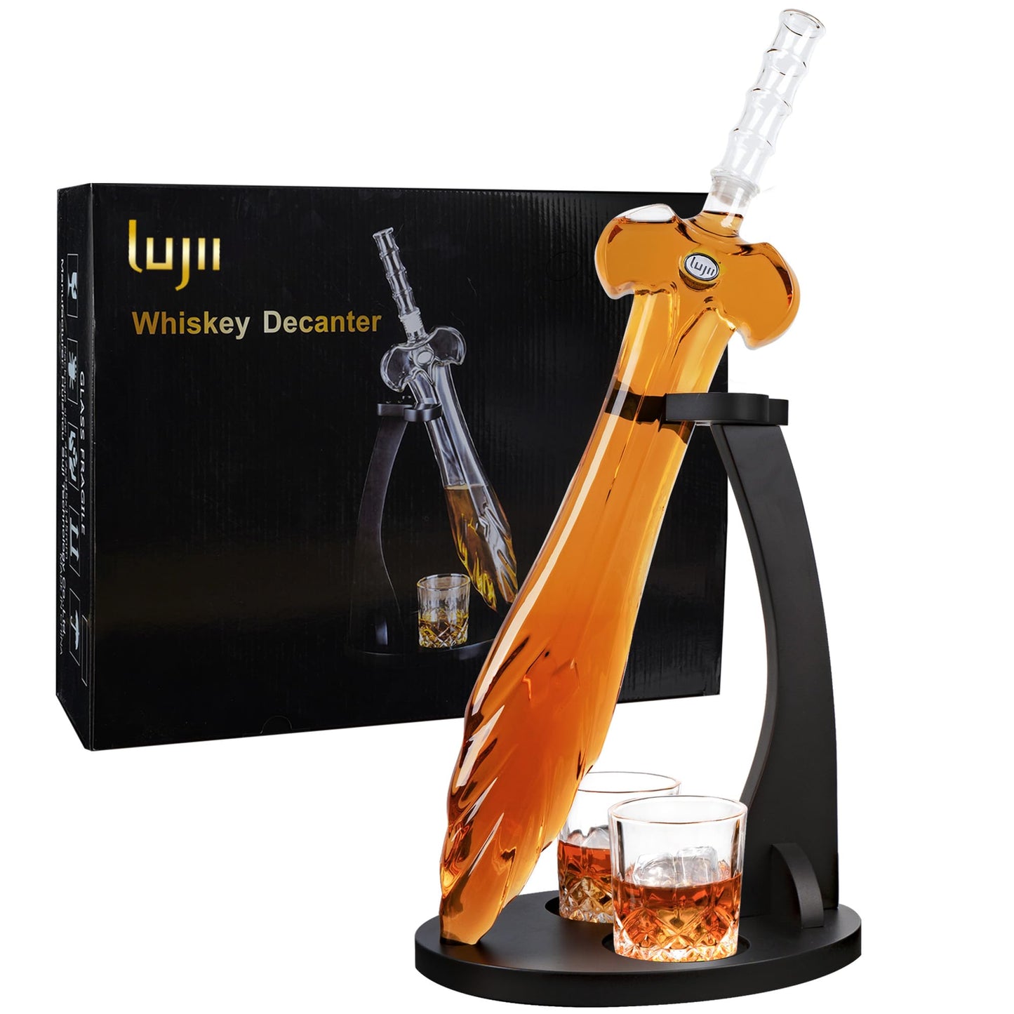LUJII Heroic Sword Whiskey Decanter Set for Brave Hero, Liquor Dispenser with 2 Glasses & Wooden Tray, Alcohol Holder for Bourbon or Scotch, Gift for Men Husband Dad Boyfriend or Son, 850 ml