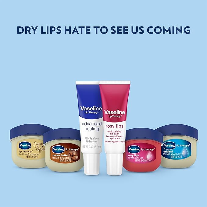 Vaseline Lip Therapy Variety 3-Pack – Crème Brûlée, Rosy Lips, Cocoa Butter Mini Lip Balms for Soft, Glowing, and Deliciously Kissable Lips, 0.25 Oz Ea